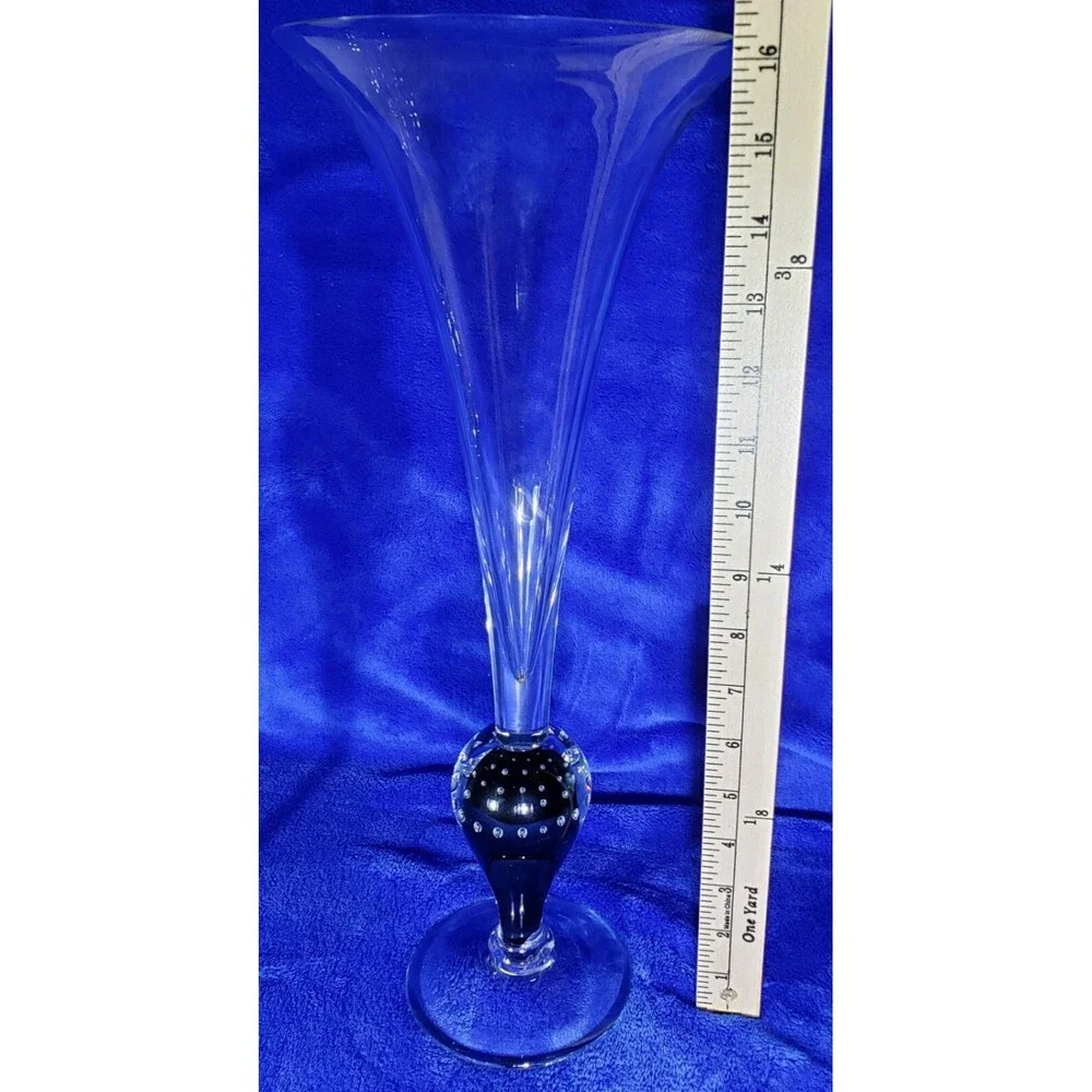 Beautiful Signed Clear Controlled Bubble Glass Trumpet Vase & Candle Holders